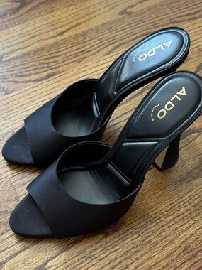 Aldo Black Satin Open-Toe Block Heel Mules